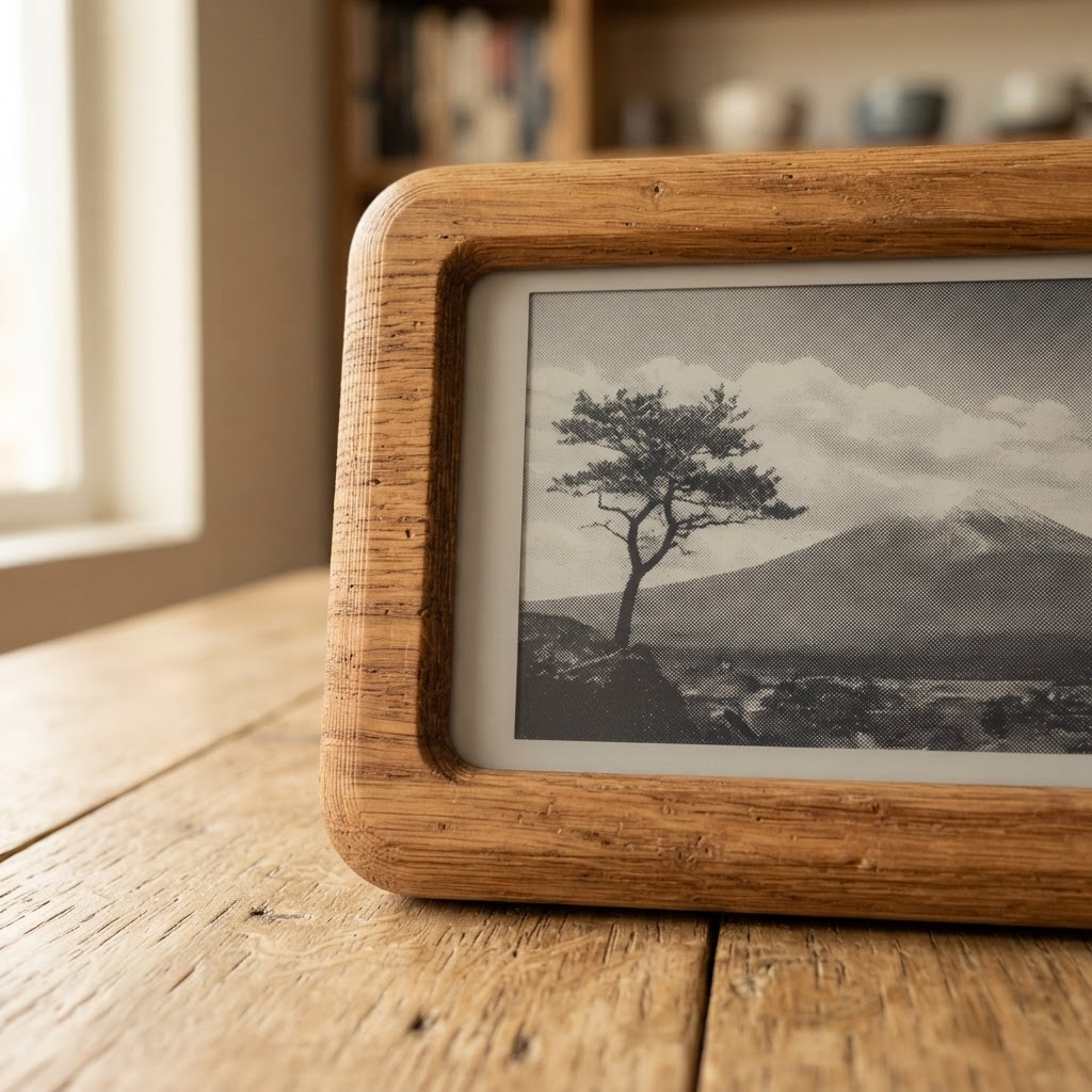 Close-up of Zenso wooden frame showing oak grain texture and e-paper surface detail