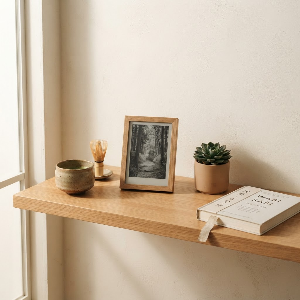 Zenso frame on a minimalist Japandi shelf beside a ceramic cup and small plant